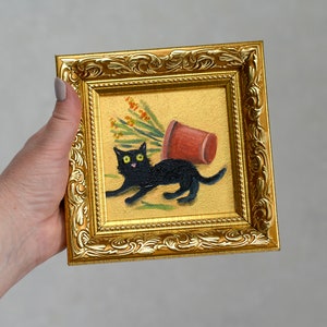 Black cat painting original framed . Hand painted Black catoverturned the flowerpot. Funny kitten framed art 4x4 inches