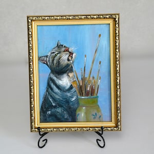 Art encadré de chaton drôle Peinture à l'huile originale de chat dans le cadre. Chats peints à la main et pinceaux d'artiste 20 x 10 po.