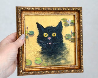 Black cat Original framed painting . Hand painted Black cat swims in a pond Funny kitten framed art 6x6inches