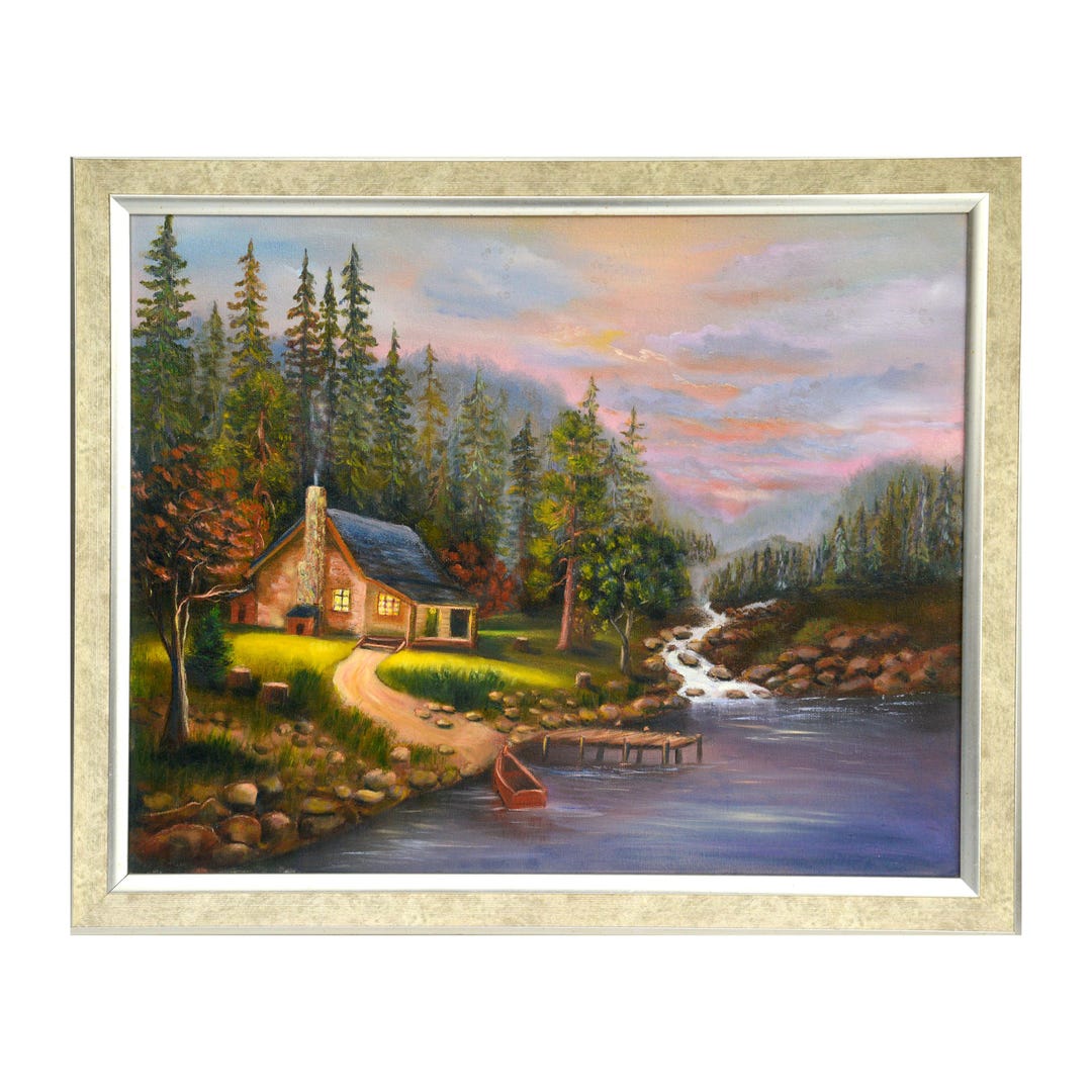 Original Oil Painting Cabin in the Forest. Forest Lake Landscape in ...