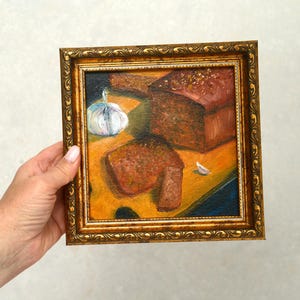 Pão pintura a óleo original. Natureza morta em uma moldura, Pão pintura 6x6 polegadas. Pequena arte de cozinha