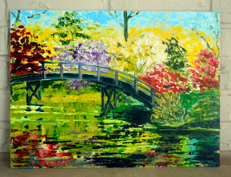 Pond original painting Monet style Artwork,Summer landscape with a bridge