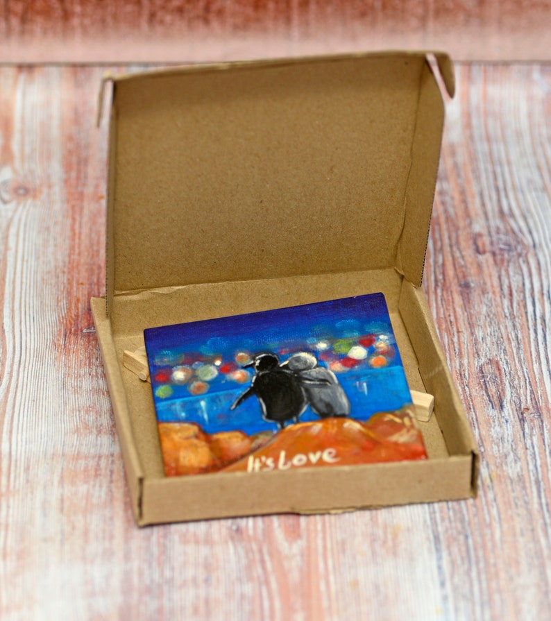 Australian Penguins Art Gift for Valentine/'s Day Penguin Couple in Love mini painting on canvas