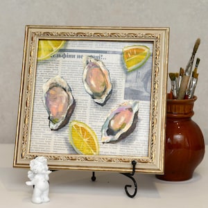 Oysters  Painting  /Seafood original Still Life /Kitchen  Painting  on newspaper 8x8 inches in frame
