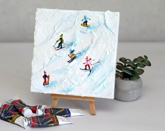 Ski painting Skiing 3D Original Painting Snowy mountain Impasto Original Art Snow  Winter Sport Art  6x6 by MilaludArt