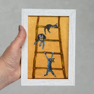 Gatos dormindo Pintura Gatos nas escadas 4x6 polegadas Arte em moldura