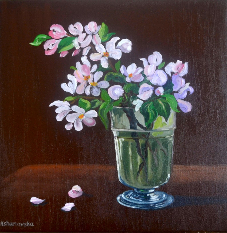 Apple blossom Original Oil Painting on canvas 12 by12 Blooming twig Small painting for kitchen Perfect gift Wall Decor