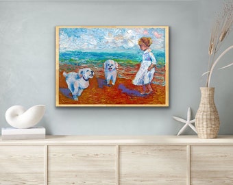 Child on beach Painting, Girl Beach Painting, Dogs by the water, Handmade Oil Painting Wall art