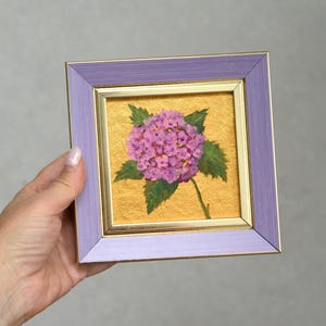 Pequena pintura de flor de hortênsia, pintura original emoldurada em ouro 4x4 polegadas