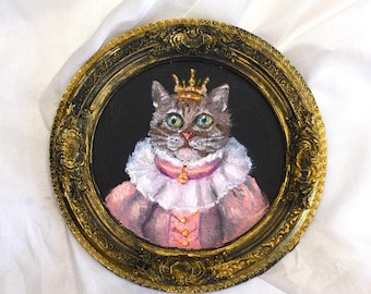 Victorian Kitten Portrait Painting in Round Frame original