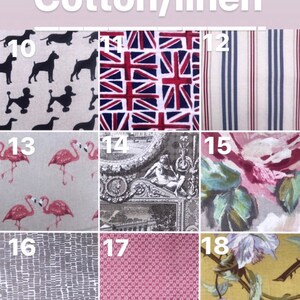 May include: A collage of 18 different fabric swatches, each with a unique pattern. The swatches are numbered 10 through 18. The fabrics include a variety of patterns, such as dogs, flags, stripes, flamingos, floral designs, and geometric patterns.