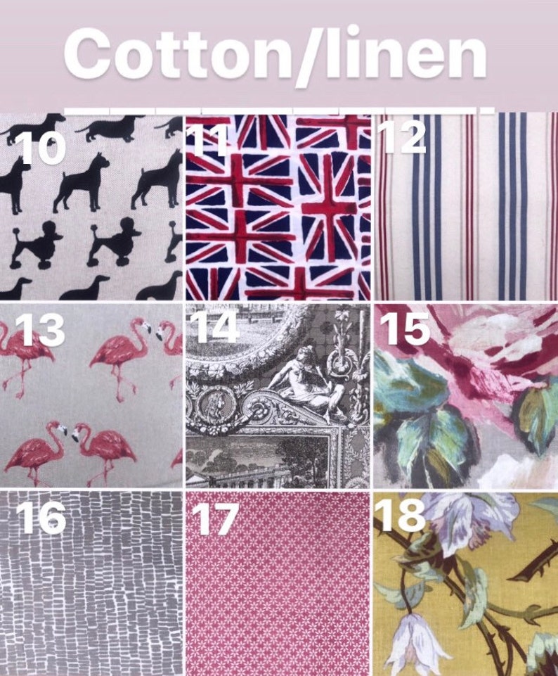 May include: A collage of 18 different fabric swatches, each with a unique pattern. The swatches are numbered 10 through 18. The fabrics include a variety of patterns, such as dogs, flags, stripes, flamingos, floral designs, and geometric patterns.