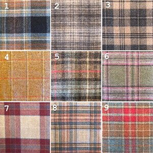 May include: Nine different plaid fabric swatches in various colors and patterns, numbered 1 through 9.