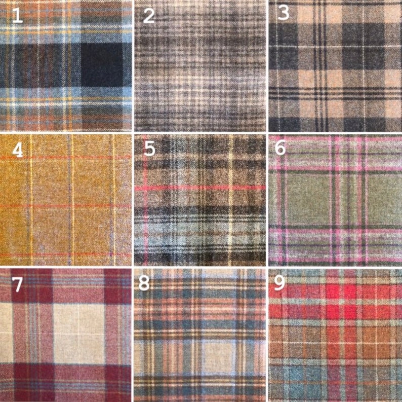 May include: Nine different plaid fabric swatches in various colors and patterns, numbered 1 through 9.