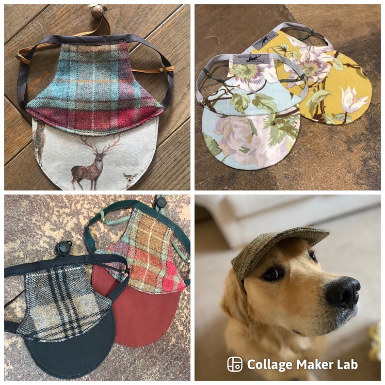 May include: A collage of four images featuring dog hats. The top left image shows a plaid dog hat with a deer print lining. The top right image shows two floral print dog hats. The bottom left image shows two plaid dog hats with different colored linings. The bottom right image shows a dog wearing a tweed cap.