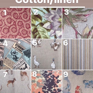 May include: Nine fabric swatches with different patterns, including floral, geometric, and animal prints. The swatches are numbered 1 through 9.