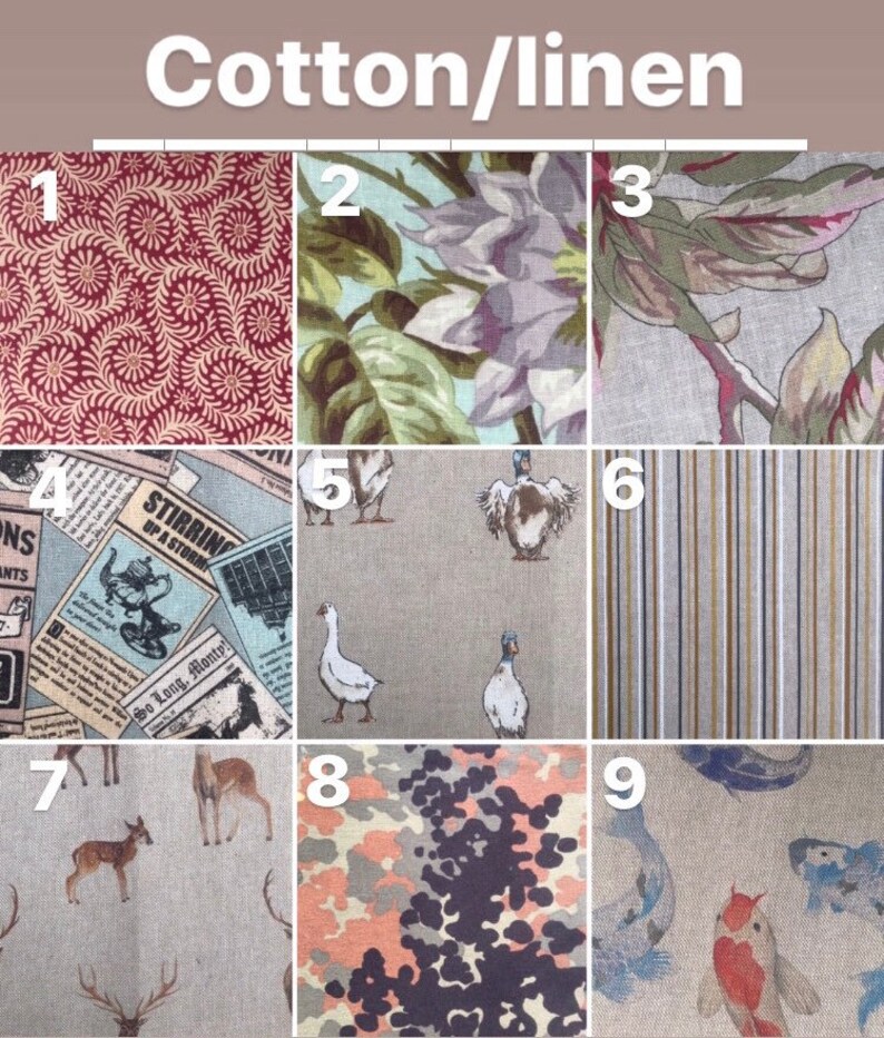 May include: Nine fabric swatches with different patterns, including floral, geometric, and animal prints. The swatches are numbered 1 through 9.
