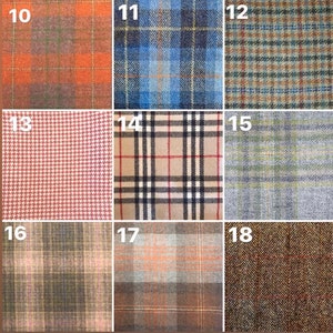May include: A collection of 18 different fabric swatches with various plaid, checkered, and houndstooth patterns in a variety of colors, including orange, blue, green, brown, and red.