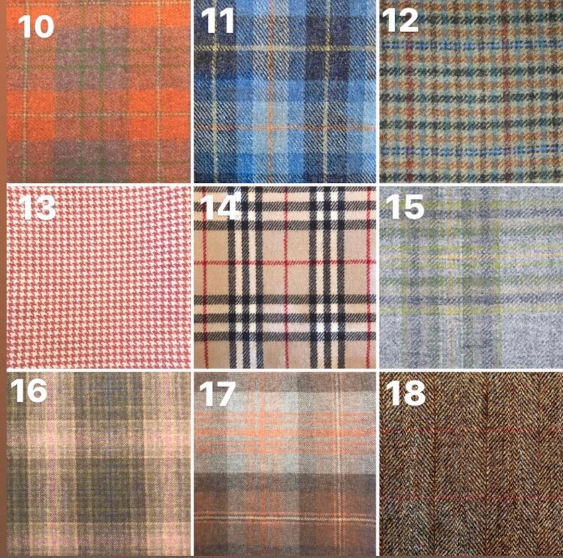 May include: A collection of 18 different fabric swatches with various plaid, checkered, and houndstooth patterns in a variety of colors, including orange, blue, green, brown, and red.