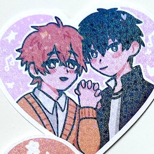 May include: A heart-shaped sticker with two cartoon characters holding hands. The character on the left has brown hair and is wearing a brown sweater. The character on the right has black hair and is wearing a black jacket. The background is a light purple with stars and musical notes.