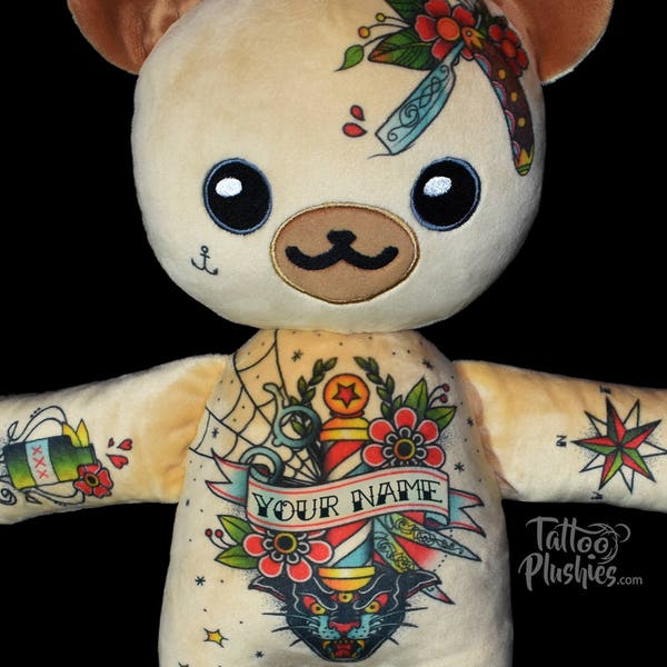 Personalisierter Teddybär "Mr. BarBear", Tattoo Plushie, eigener Name, Old School Tattoos, persönliches Geschenk, Plüschtier, 100% Polyester