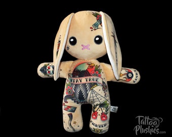 Tattoo Plushie "Biker Bunny" inked with Old School Tattoos, tattoo gift, 100% Polyester