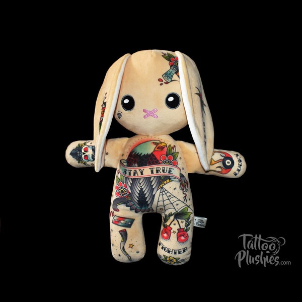 Tattoo Plushie "Biker Bunny" inked with Old School Tattoos, tattoo gift, 100% Polyester