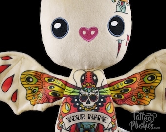 Personalized Tattoo Plushie bat "Drake", small, inked with Old School Tattoos, name on plush toy, 100% Polyester