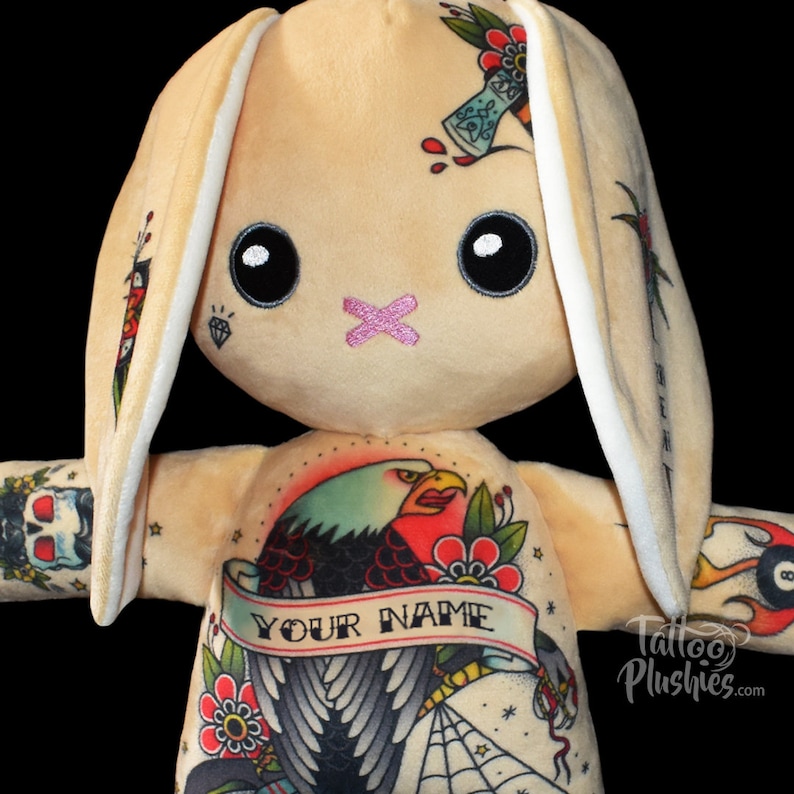 Personalized Tattoo Plushie Biker Bunny personalized gift 100 /% Polyester, your name on a plushie