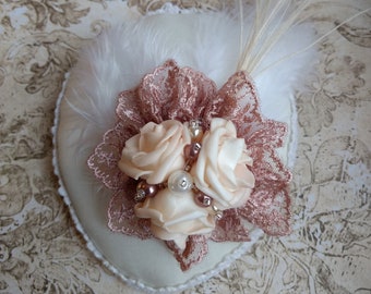 Fascinator Bride, Mini Hat Bride, Fascinator cream, Mini hat ivory, Beads, Lace, Feathers, Mini Hat Peacock, Vintage, Bridal Hair Jewelry, rosé