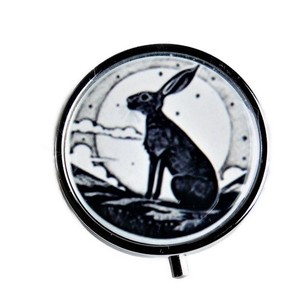 Moon Gazing Hare Linocut Design, Round Metal Pill Box, with a choice or triple or single compartment and free organza gift bag