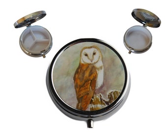 Barn Owl. Round Metal Pill Box, with a choice or triple or single compartment and free organza gift bag