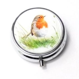 Robin. Round  Metal Pill Box, with a choice or triple or single compartment and free organza gift bag