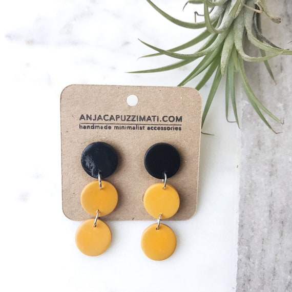 Dangle Stud Earrings Mustard and Black Three Tier Dangle Earrings Etsy UK