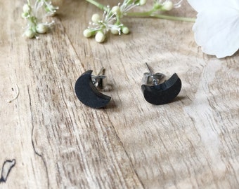 Minimalist silver grey or black crescent moon stud earrings