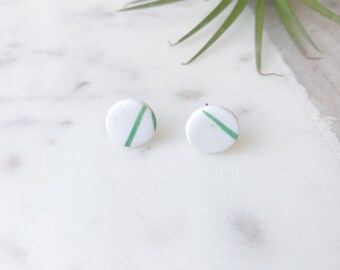 Minimalist Stud earrings - green on white 'twig' round studs