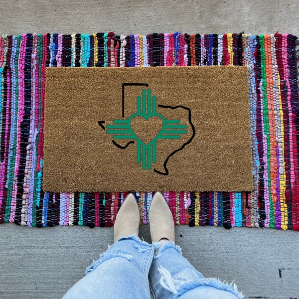 NM TX doormat | Zia | New Mexico | Texas | welcome mat | gift idea | doormat | NM Zia symbol | Zia heart | turquoise | cute | Texas outline