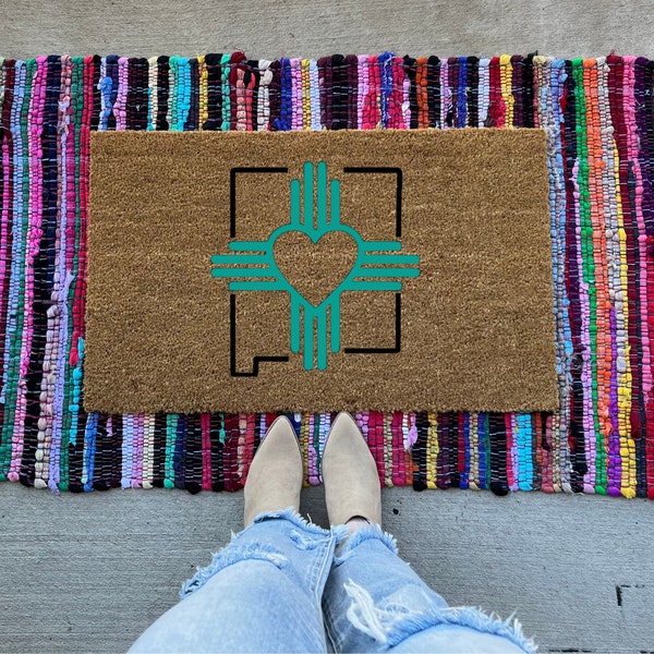 Paillasson NM | Zia | Coeur| Nouveau-Mexique | tapis de bienvenue | idée cadeau | paillasson | Symbole NM Zia | turquoise | joli paillasson | Coeur bleu sarcelle NM Zia