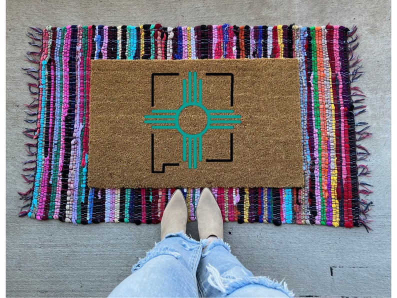 NM doormat Zia New Mexico welcome mat gift idea doormat NM Zia symbol turquoise cute doormat Teal NM Zia image 1