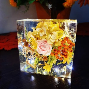 Può includere: Un fermacarte in resina trasparente a forma di cubo che contiene un'arrangiamento di fiori secchi. L'arrangiamento comprende una rosa rosa, ortensie bianche e bacche arancioni.