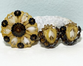 Vintage Shell Crystal Floral Brooch & Clip-On Earrings Set