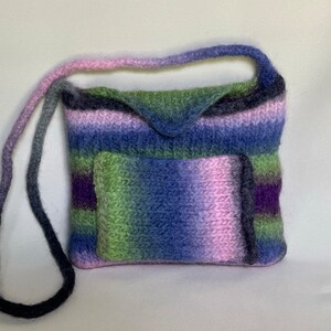 Handmade Handknit Striped Felted Boho Shoulder Cross-Body Purse Bag - Multi-Color Purple Green Pink Blue Gray Black