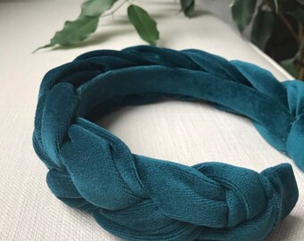 Velvet braided headband. Teal turquoise green plait hairband headpiece