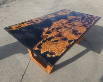 Live Edge Olive Wood Smokey Resin Table, Handcrafted Slab Furniture