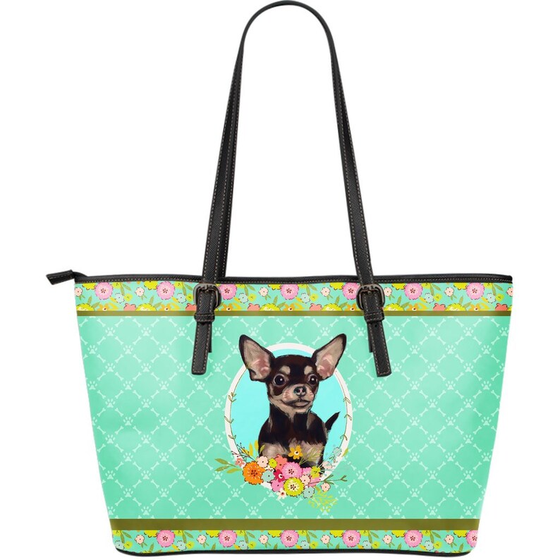 Chihuahua Gifts D056B-PWP-TOTL-Teal Floral Available in Small /& Large Sizes Chihuahua Lovers Leather Tote