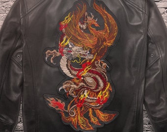 Dragon & Phoenix Back Patch Embroidered Large Patches for Jackets FireBird Iron On Sew On, Vest Fantasy Mythical Creatures Slavic Japanese