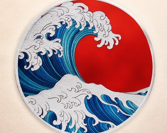 Great Wave off Kanagawa LARGE Embroidered Patch Japanese Wave Back Patches Custom Iron On Applique for Clothes BACKPATCH Jacket Morale Japan