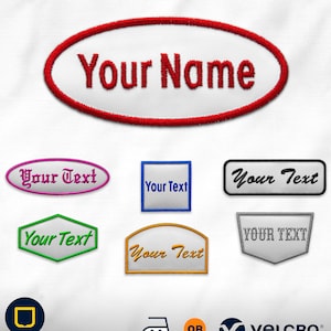 以下が含まれることがあります： さまざまな形と色のアイロン接着または縫い付けパッチのセット。パッチには、「Your Name」、「Your Text」、「YOUR TEXT」のテキストが記載されています。パッチはベルクロの裏地付きで入手できます。