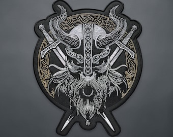 Viking Large Embroidered Patches for Vests Custom Iron On Patch for Clothes Odin Vikings Crossed Sword Backpatch Motorcycle Jacket Biker