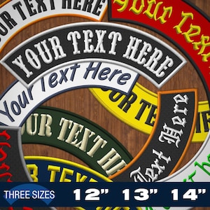 May include: A set of five embroidered patches in different colors and sizes. The patches are curved and have the text "YOUR TEXT HERE" in white lettering. The patches are available in three sizes: 12 inches, 13 inches, and 14 inches.